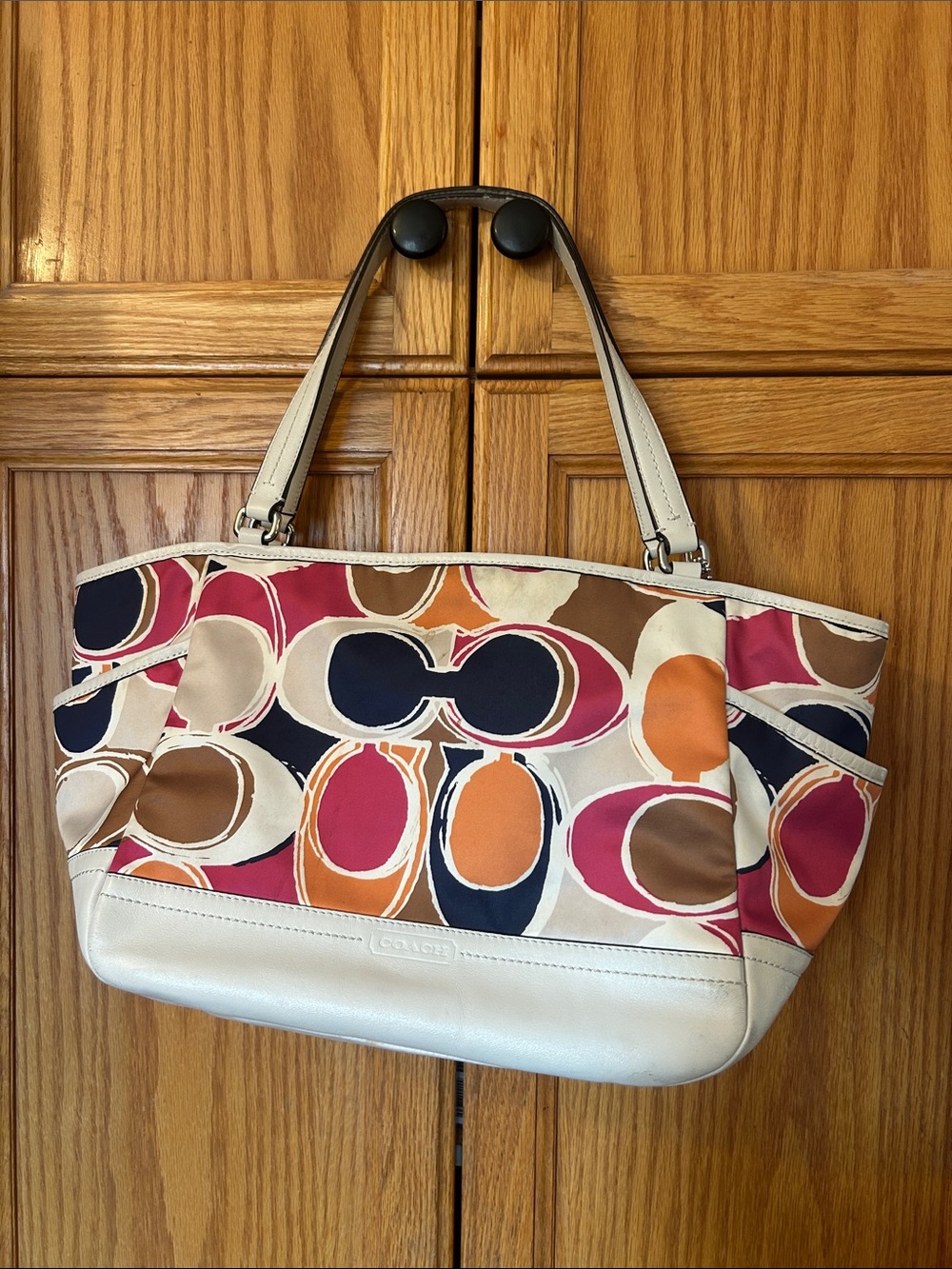 Coach Multicolor Circle Print Tote with Cream Leather Base